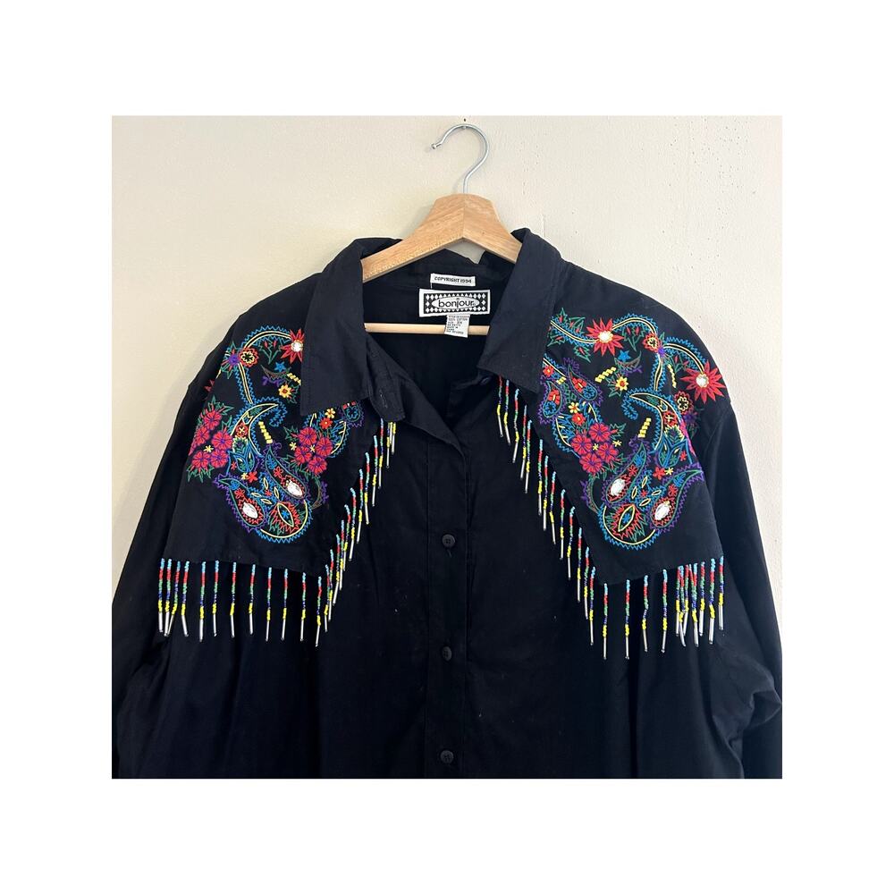 Vintage 90s Black Beaded Embroidered Cowboy Western Button-up Shirt Women's 3X